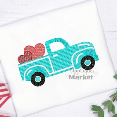 Truck Hearts Sketch Embroidery Design