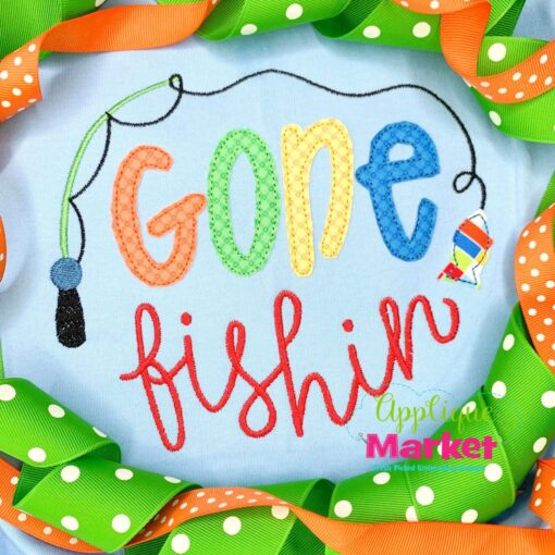 Applique embroidery patch design gone fishing pole