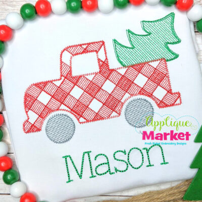Embroidery Gingham Sketch Truck with Tree